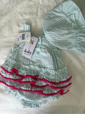 Baby Starters Mint Striped Ruffle Sunsuit Flamingo with Matching Hat NWT